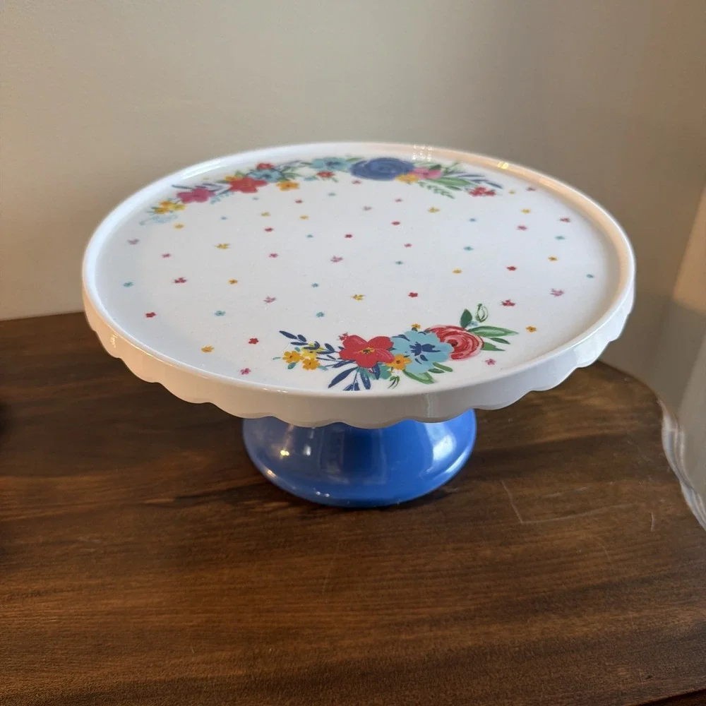 The Pioneer Woman Floral Scalloped Cake Stand w/ Blue Base, Holidays Birthdays